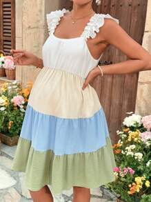 SHEIN Bohemian Ruffled Sleeve Color Block Maternity Dress - Multicolor - View 7