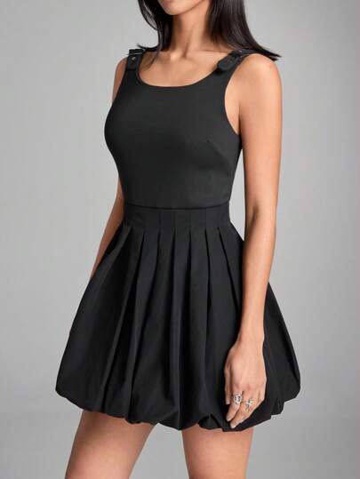 LYSMO Women's Solid Color Adjustable Shoulder Strap Pleated Hem Sleeveless Mini Dress
