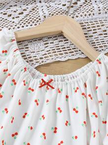 Tween Girl Fruit Print Bow Decor Short Sleeve Top And Ruffle Hem Shorts 2pcs Set, Loungewear - Multicolor - View 5