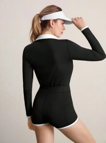 CourtClass Women's Solid Color Splice Button Up Long Sleeve Casual Jumpsuit - Black - View 5