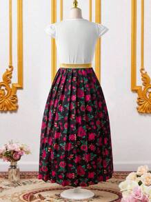 SHEIN Tween Girl Short Sleeve Top And A-Line Skirt 2pcs Set, Minimalist Fashion Casual Daily Outfit - Multicolor - View 3