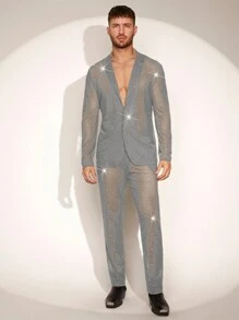 FeverCity Conjunto de traje traslúcido de manga larga y pantalón largo minimalista para hombres