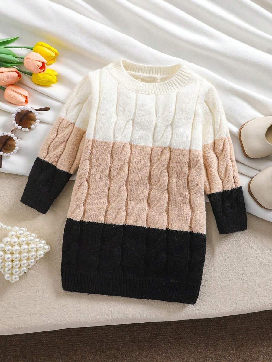 SHEIN Baby Girl Cozy Contrast Striped Knit Dress, Warm & Comfortable For Winter - Apricot - View 1