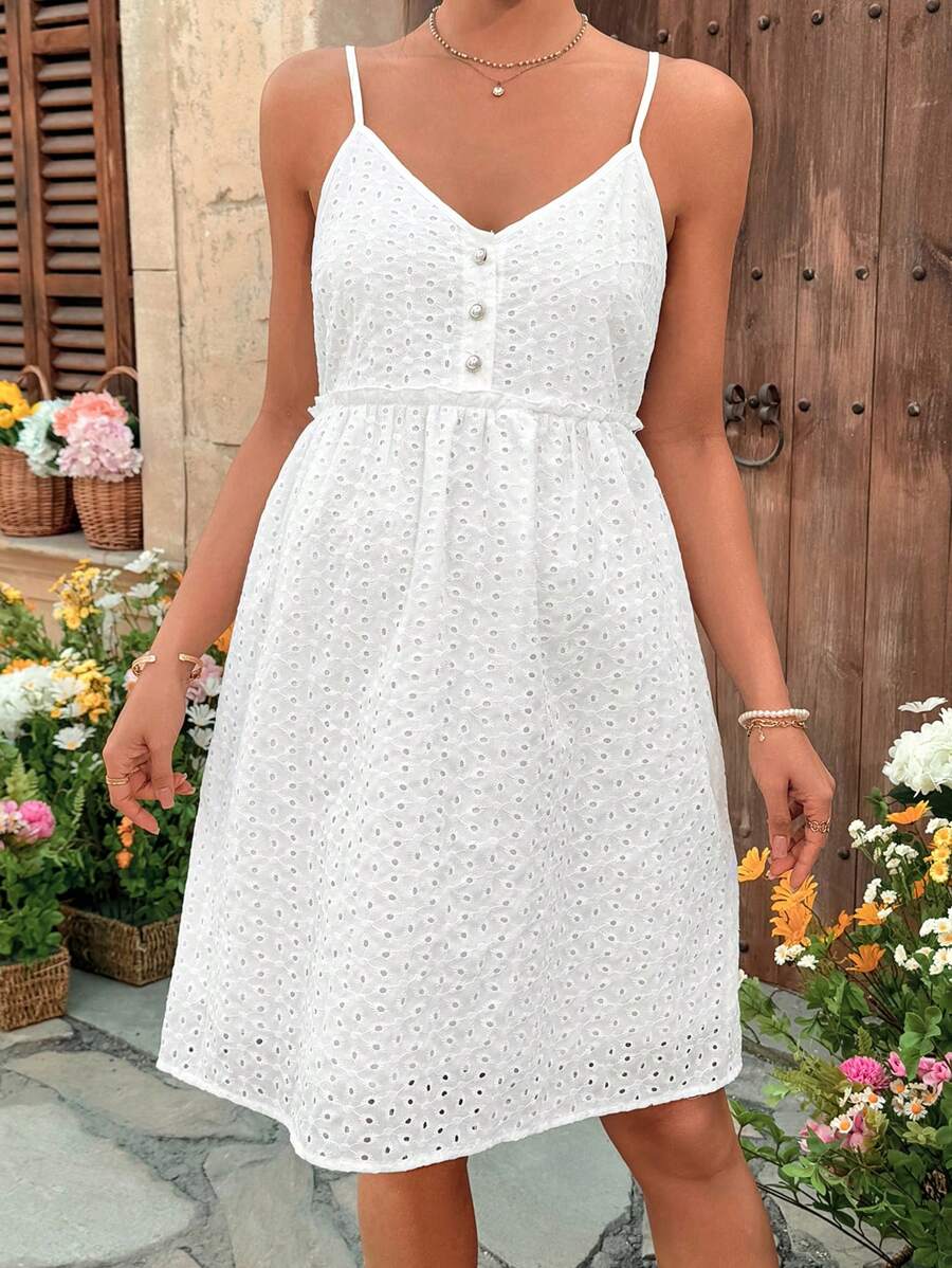 SHEIN Pregnant Women Solid Color Spaghetti Strap Front Button Casual Short Dress - White - View 1