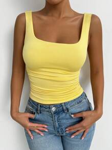 Chiquease Casual Solid Color Ruched Fitted Tank Top, Square Neck Tops, Tight Tops, Fitted Tops