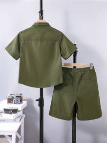 SHEIN Tween Boy 2pcs Set Fashion Casual Y2k Cargo Pocket Design Olive Green Collared Shirt & Shorts For Older Boys Denim Suit For Boy Soft Dailywear And Kids Summer Clothes