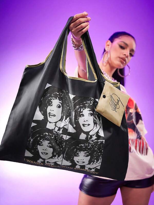 Whitney Houston X SHEIN 1pc Foldable Tote Bag, With Small Pouch Attached By Chain, Super Spacious, Suitable For Outdoor, Travel, Shopping, Work