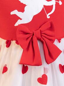 Vestido de niña para primavera/verano con estampado de corazón de San Valentín hecho de tela flocada y de malla - Rojo - Ver 7