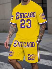 Manfinity Homme Men's Street Academy, INS Basketball Jersey Set, Flame Basketball Chicago Number 23 Oversized Graphic Print, Purple And Yellow Classic Color-Blocked Loose Fit Short Sleeve T-Shirt And Shorts Set. Jersey Shirt ,Men Shorts Set ,Men Two Pieces Outfits ,Yellow Shorts ,Yellow T-Shirt - Yellow - View 9