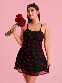 SHEIN EZwear 大码情人节服装 - 夏季心形网眼连衣裙 - 黑色 - 查看 1