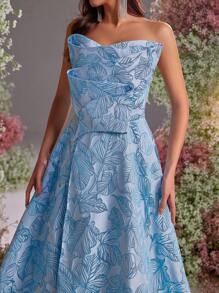 Glamrae Elegant Blue Jacquard Satin Tube Dress,Gorgeous Asymmetric Three-Dimensional Texture High Slit Wedding Guest Dress For Dinner,Prom&Formal Events - Blue - View 2