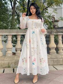 Dazy Petite Plus 加大码印花高领修身长袖拼接连衣裙，白色，春秋季，荷叶边复活节 - 白色 - 查看 5