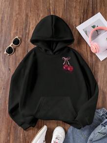 Tween Girls Casual Solid Color Charming Bow & Cherry Pattern Letter Sweatshirt With Pockets, Suitable For Autumn/Winter Outfitting - Black - View 2