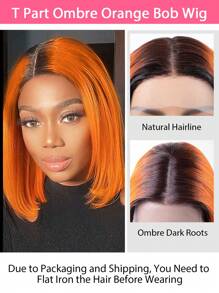 姜橙色鲍勃蕾丝前假发 人发短中分 T 部分直鲍勃假发 预拔渐变橙色 10-12 英寸 - S2/橘色 - 查看 5