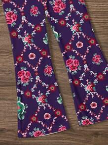 SHEIN Leap Crew 2pcs/Set Young Girl Cute Octopus & Rose Pattern Casual Cartoon Print Round Neck Short Sleeve Top And Flare Pants, Suitable For Spring & Summer - Multicolor - View 5