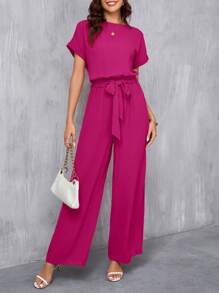 SHEIN Clasi Women's Elegant Round Neck Pink Jumpsuit With Self-Tie Belt And Wide Leg Design - Hot Pink - View 1