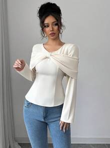 Rafferiza Elegant French Style Butterfly Decor Waisted Loose Soft Blouse,Cream White Long Sleeve Top For Tea Party,Autumn Daily Versatile Luxurious Apparel - Apricot - View 3