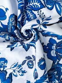 SHEIN Maternity Printed Backless High Slit Waist Cutout Halter Beach Vacation Dress - Blue and White - View 6