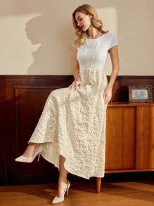 Vintamour 复古优雅女士编织拼布提花连衣裙，白色 A 字中长连衣裙，带口袋，春/夏情人节情人节生日女士连衣裙女士连衣裙优雅生日服装女士商务休闲女士服装女士连衣裙派对巡航服装太阳裙女士端庄连衣裙茶会服装复活节连衣裙女士情人节服装 - 白色 - 查看 4