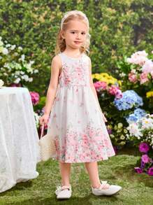 SHEIN 年轻女孩夏季优雅可爱花卉印花无袖连衣裙 - 白色 - 查看 7