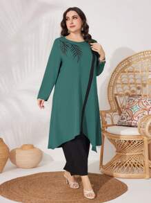 Mulvari 2 stuks/set Plus Size Casual Ronde Hals Lange Mouw Top en Broek