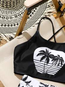 SHEIN Tween Girl Swimwear 2 Pieces Set, Cute Front Coconut Tree Design Shorts - Multicolor - View 3