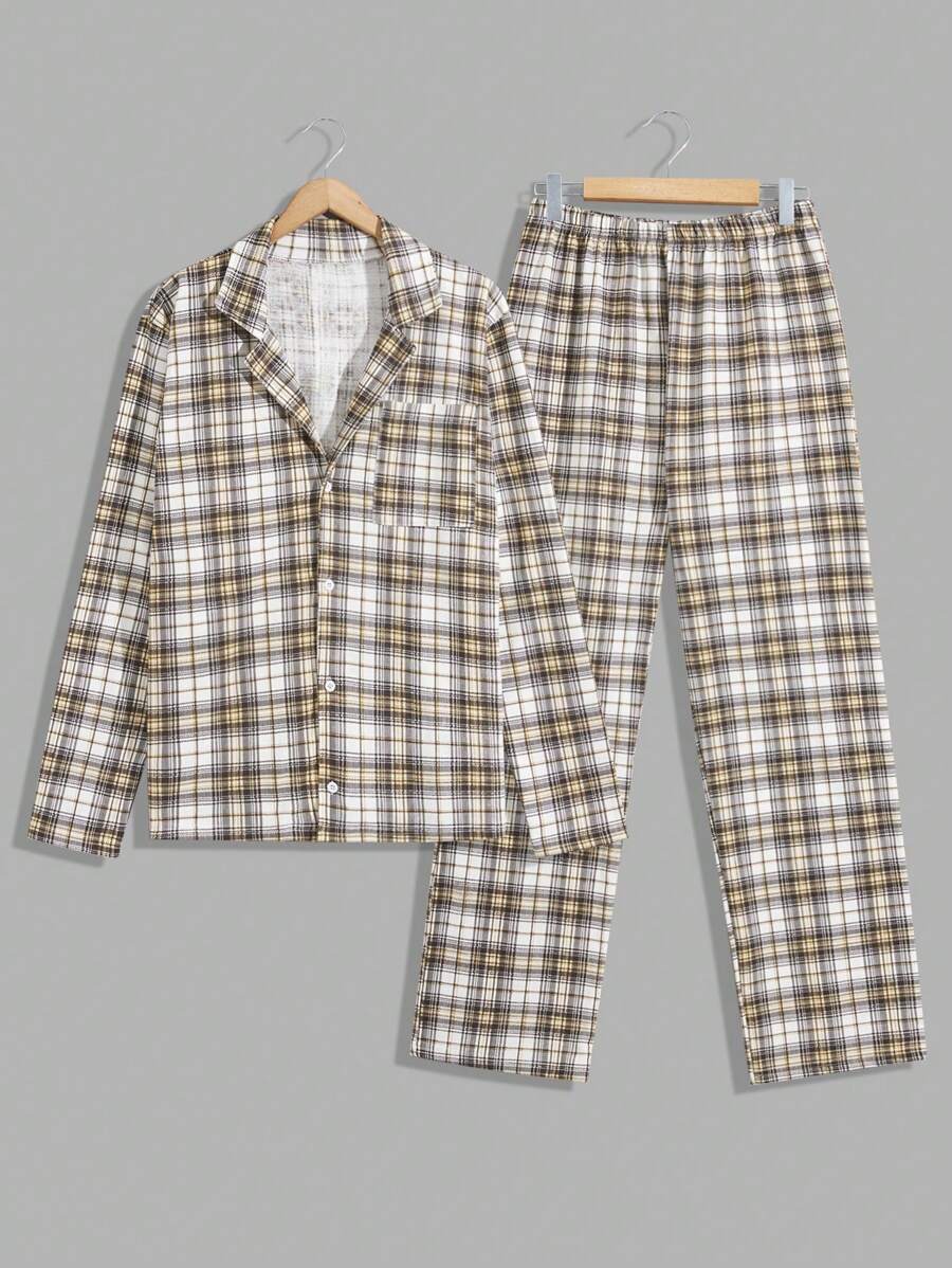 RueChic Men Cotton Plaid Printed With Button Regular Homewear Shirt Set - Multicolor - View 1