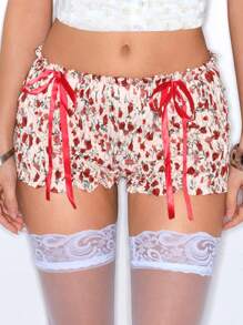 ROMWE Kawaii Quần Short Nữ In Hoa Dễ Thương Ngọt Ngào - Màu be - Xem 1
