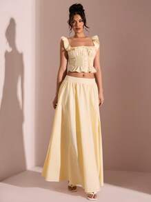 SHEIN BAE 夏季海边度假女士纯色浅黄色马卡龙浅色低腰长裙，适合派对、鸡尾酒会、正式场合、浪漫约会、婚礼伴娘、夜间外出、度假裙、优雅、女士海滩装/海滩、婚礼宾客裙女士/新娘送礼会裙白色 - 黃色 - 查看 5