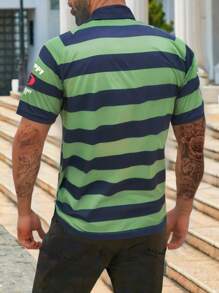 Manfinity Homme Plus Size Men's Contrast Stripe & Letter Print Polo Shirt - Green - View 2
