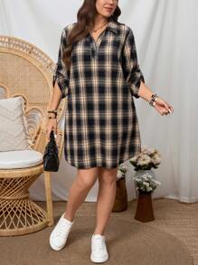 SHEIN PETITE CURVE 大码休闲简约风格日常连衣裙，波西米亚风/波西米亚风，度假装，度假连衣裙，户外日常穿着必备太阳裙休闲格子连衣裙女士休闲日常穿着，女士通勤优雅办公室服装 - 棕色 - 查看 3