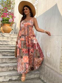 SHEIN VCAY Sukienka Boho Patchwork Spaghetti Strap Plus Size, na lato - Wielokolorowe - Zobacz 3