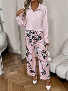 SHEIN Clasi Women 2 Pieces Set Casual Solid Long Sleeve Shirt And Printed Long Pants Outfit Fall Cloth For Women - Pink - View 5