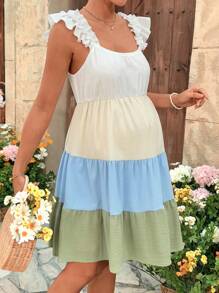 SHEIN Bohemian Ruffled Sleeve Color Block Maternity Dress - Multicolor - View 4