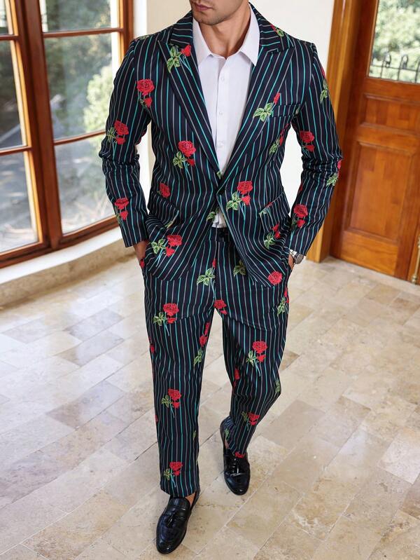 Manfinity Bizformal Men's Striped & Floral Print Lapel Neck Blazer Jacket And Pants Suit Set