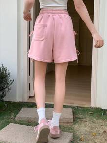 DAZY Pantalones cortos sueltos de mujer casuales de unicolor con lazo en la cintura