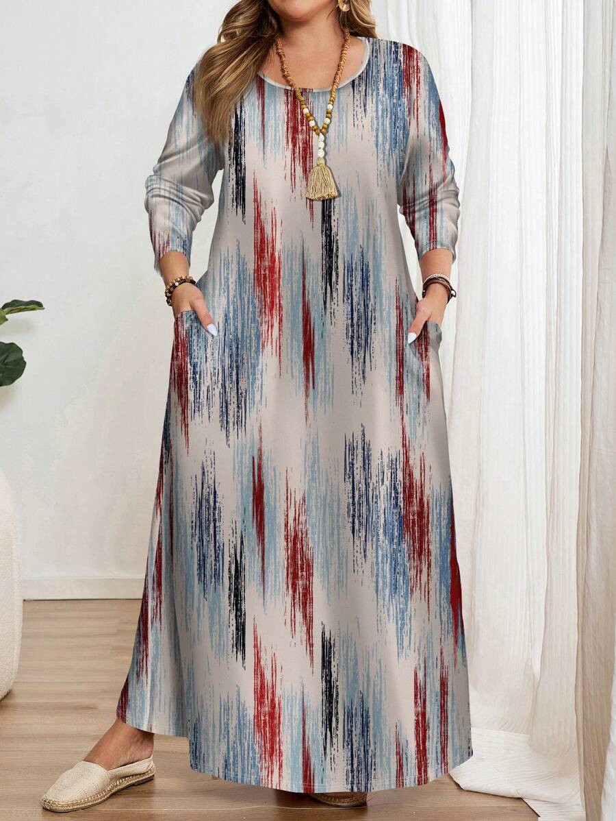 EMERY ROSE Đầm cổ tròn tay dài in họa tiết tối giản cỡ lớn, phù hợp cho mùa thu đông - Nhiều màu - Xem 1