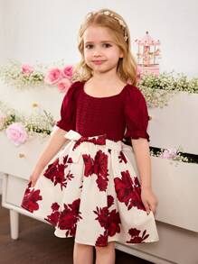 SHEIN Fern Glow  Young Girl Floral Print Sleeveless Dress, Adorable Vacation Style - Burgundy - View 7