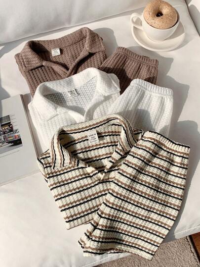 SHEIN 6pcs/Set Young Boys' Casual Striped Polo Collar Knit Top And Shorts Set, Suitable For Spring/Summer Vacation, School, And Daily Wear