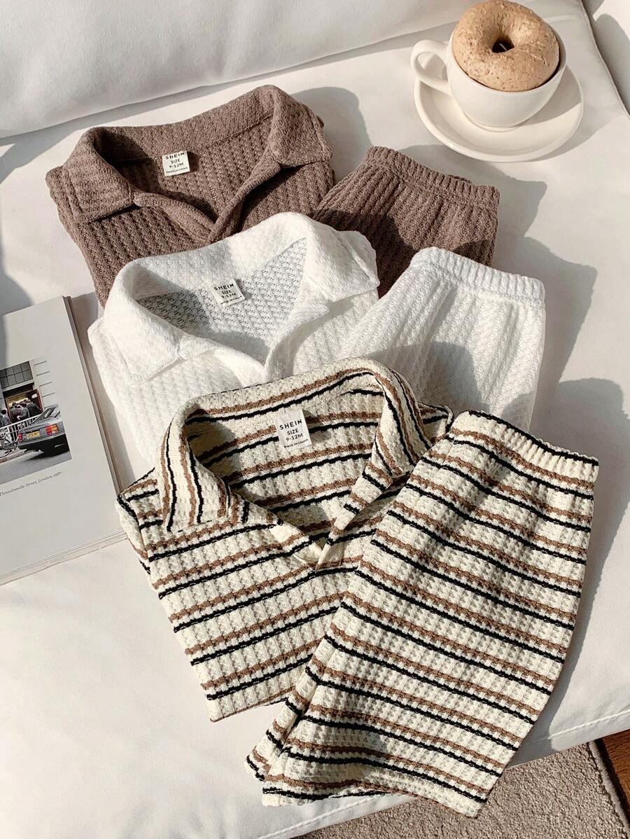 SHEIN 6件套男童休闲条纹Polo领针织上衣和短裤套装，适合春夏度假、上学和日常穿着