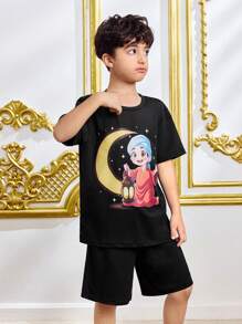 2pcs Tween Boy Casual Retro Printed T-Shirt And Shorts Set, Daily Wear - Black - View 4