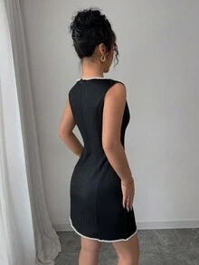 Elenzga Váy mini cổ tròn không tay đan thanh lịch có trang trí ngọc trai giả, dáng ôm, thiết kế xẻ tà, đen/trắng, thích hợp để đi chơi, hẹn hò, tiệc tùng, ngày lễ tình nhân, mùa xuân - màu đen - Xem 2