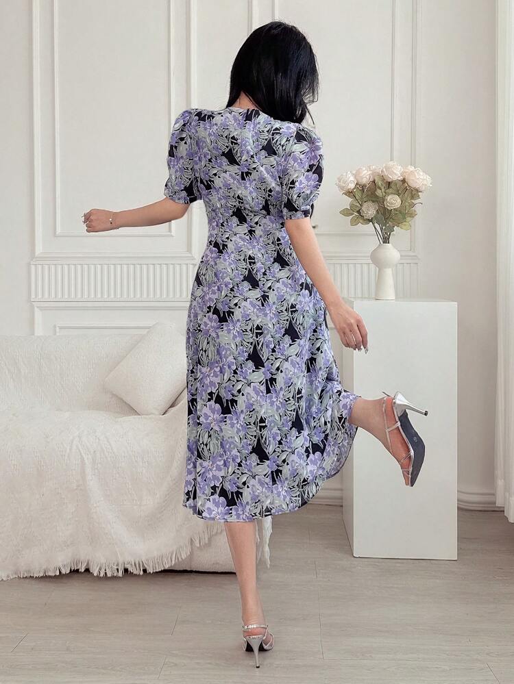 Floral Print V-Neck Puff Sleeve Ruched Detail Midi Dress For Women Vacation Outfits Women Easter Boho