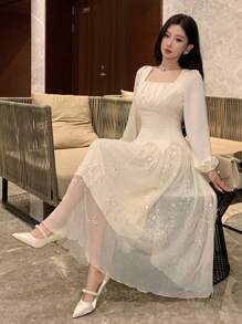 DAZY 优雅方领泡泡袖拼接中长连衣裙，适合春季婚礼宾客舞会礼服，秋季长袖连衣裙，奢华