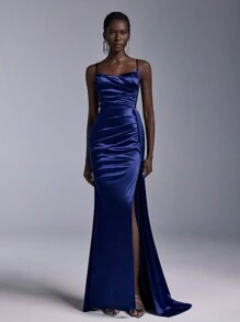 Elitara Elegant And Gorgeous Dark Blue Luxury Stretch Bright Satin Stitching Embroidered Lace Sequins V-Neck Breast Cup Pleats High Slit Fishtail Cascading Side Large Floating Pieces Decoration Suitable For Weddings, Festivals, Bachelor Parties, Graduation Evening Gowns (Heavy Industrial Style) Formal Prom Wedding Guest Dress, For Dinner Party Dress