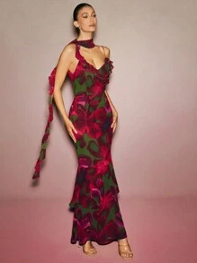 L'Amorae 度假村优雅花卉印花雪纺荷叶边美人鱼连衣裙 - 彩色 - 查看 3