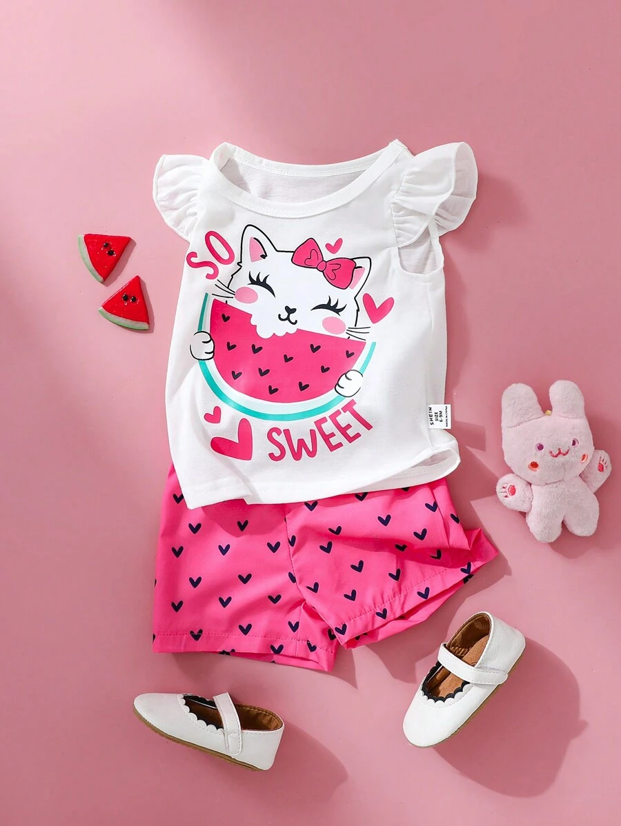 SHEIN Bộ 2 món/bộ cho bé gái sơ sinh và trẻ mới biết đi 0-3 tuổi mùa xuân hè mới dễ thương hàng ngày mèo hoạt hình ăn dưa hấu áo phông không tay + quần short trái tim màu đỏ hồng - Màu Hồng Tươi - Xem 1