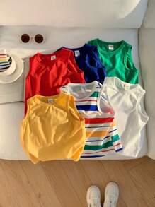 SHEIN 6pcs/Set Baby Boys' Casual, Versatile Knitted Colorful Striped & Solid Tank Tops, Summer All-Match Essentials