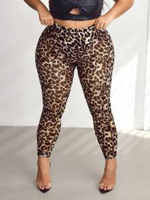 SHEIN CURVE+ CURVE PLUS /Valentine's Day/New Sexy And Elegant See-Through Mesh Leopard Print Including Three Pants Bottoming And Decorative Slim Fit Women's Leggings,Valentines,Rose,Heart,Polka Dot,Love,Lip,Cupid,3D Flower - Multicolor - View 8