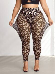 SHEIN CURVE+ CURVE PLUS /Valentine's Day/New Sexy And Elegant See-Through Mesh Leopard Print Including Three Pants Bottoming And Decorative Slim Fit Women's Leggings,Valentines,Rose,Heart,Polka Dot,Love,Lip,Cupid,3D Flower - Multicolor - View 7